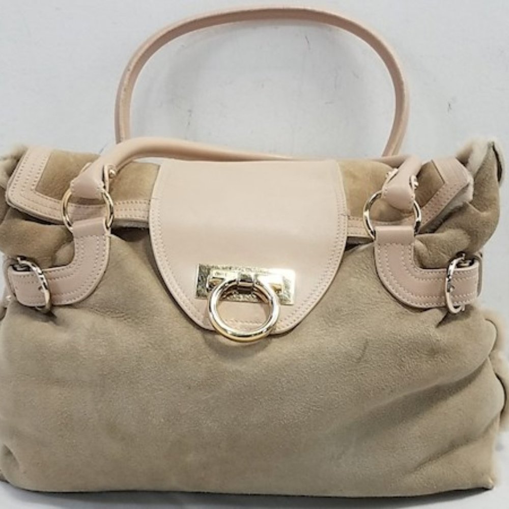 Salvatore Ferragamo Sofia Shearling Sheep Suede Leather Handbag Purse Bag